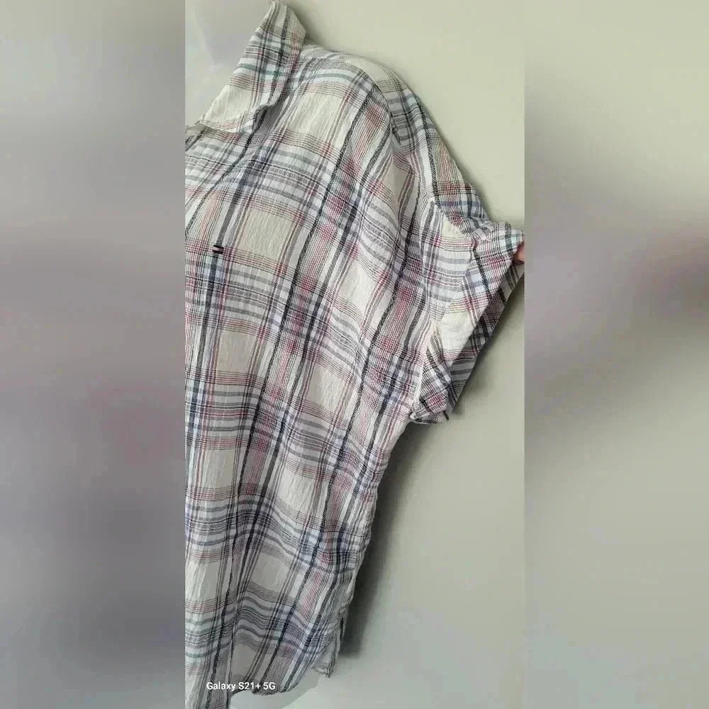 Tommy Hilfiger Drop Shoulder cuffed sleeve plaid button-down top, womens XLG - Picture 5 of 10